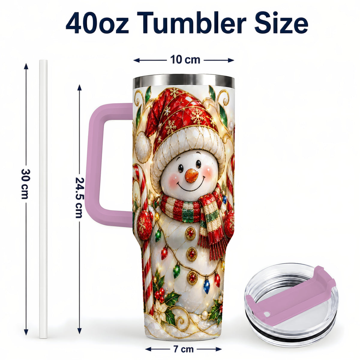 #pl[40oz|Pink] Festive Snowman 40oz Tumbler with Handle, Holiday Steel Travel Cup