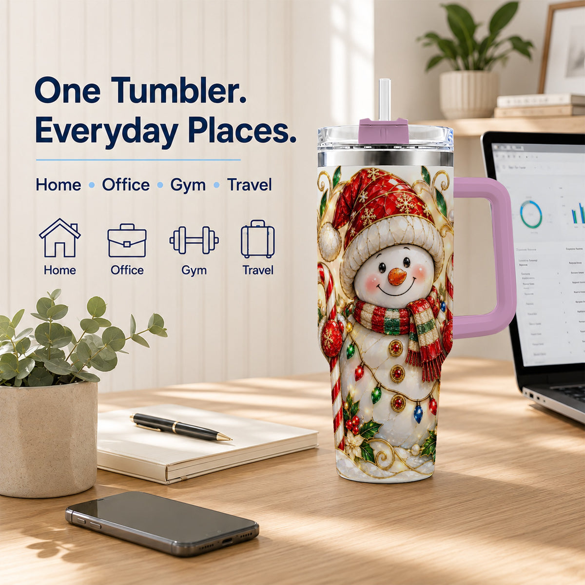 #pl[40oz|Pink] Festive Snowman 40oz Tumbler with Handle, Holiday Steel Travel Cup