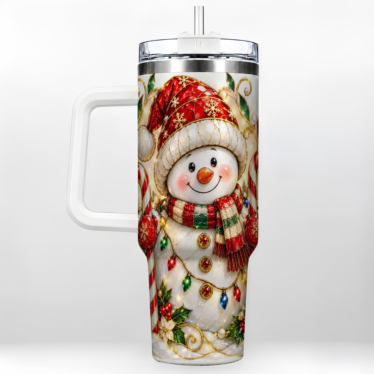 Festive Snowman 40oz Tumbler with Handle, Holiday Steel Travel Cup