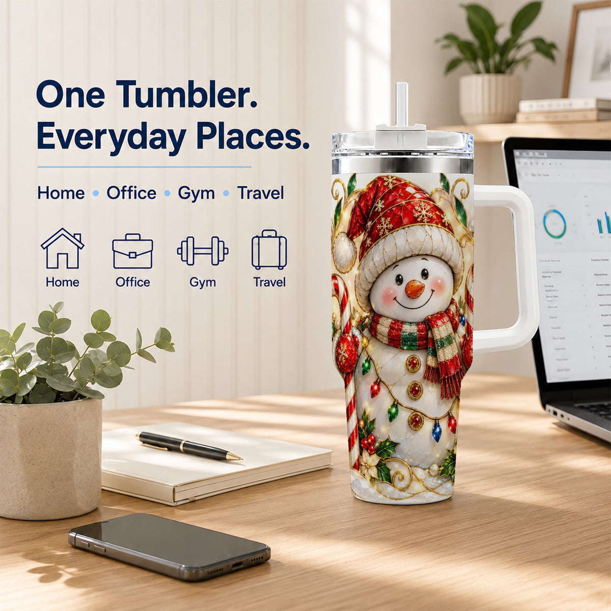 #pl[40oz|White] Festive Snowman 40oz Tumbler with Handle, Holiday Steel Travel Cup
