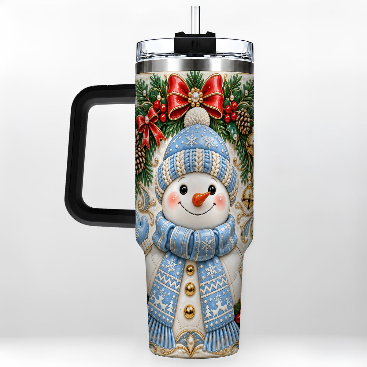 #pl[40oz|Black] Blue Knit Snowman 40oz Tumbler with Handle, Winter Steel Travel Cup