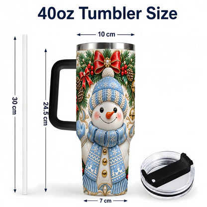 #pl[40oz|Black] Blue Knit Snowman 40oz Tumbler with Handle, Winter Steel Travel Cup