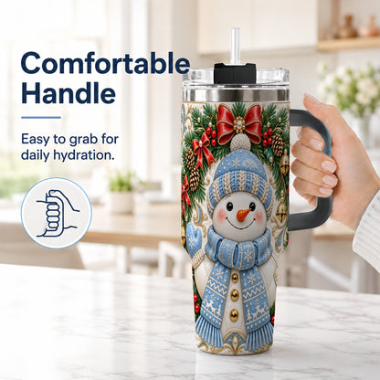 #pl[40oz|Black] Blue Knit Snowman 40oz Tumbler with Handle, Winter Steel Travel Cup