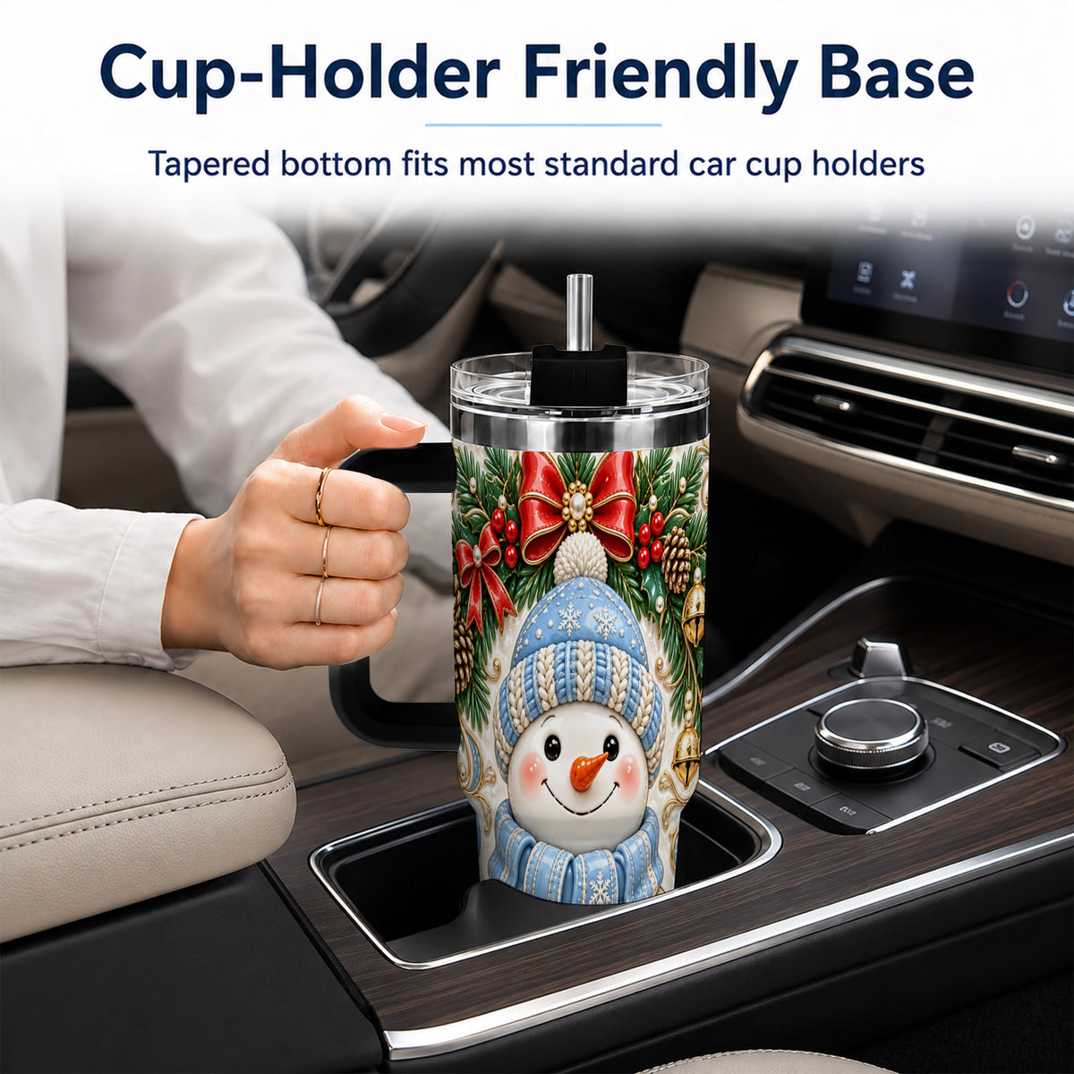 #pl[40oz|Black] Blue Knit Snowman 40oz Tumbler with Handle, Winter Steel Travel Cup