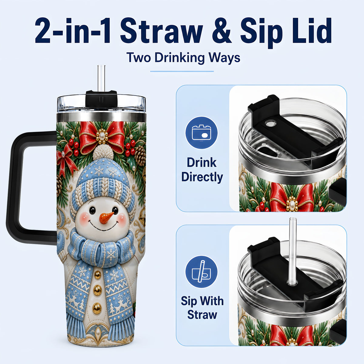 #pl[40oz|Black] Blue Knit Snowman 40oz Tumbler with Handle, Winter Steel Travel Cup