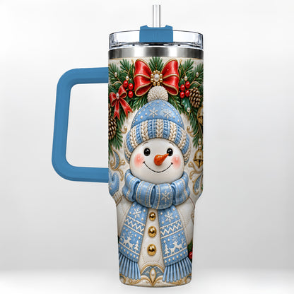 #pl[40oz|Blue] Blue Knit Snowman 40oz Tumbler with Handle, Winter Steel Travel Cup
