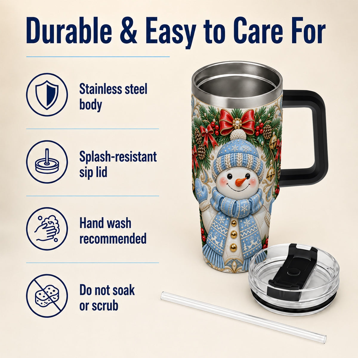 #pl[40oz|Black] Blue Knit Snowman 40oz Tumbler with Handle, Winter Steel Travel Cup