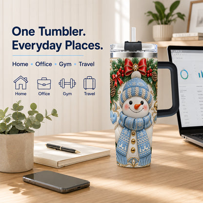 #pl[40oz|Black] Blue Knit Snowman 40oz Tumbler with Handle, Winter Steel Travel Cup