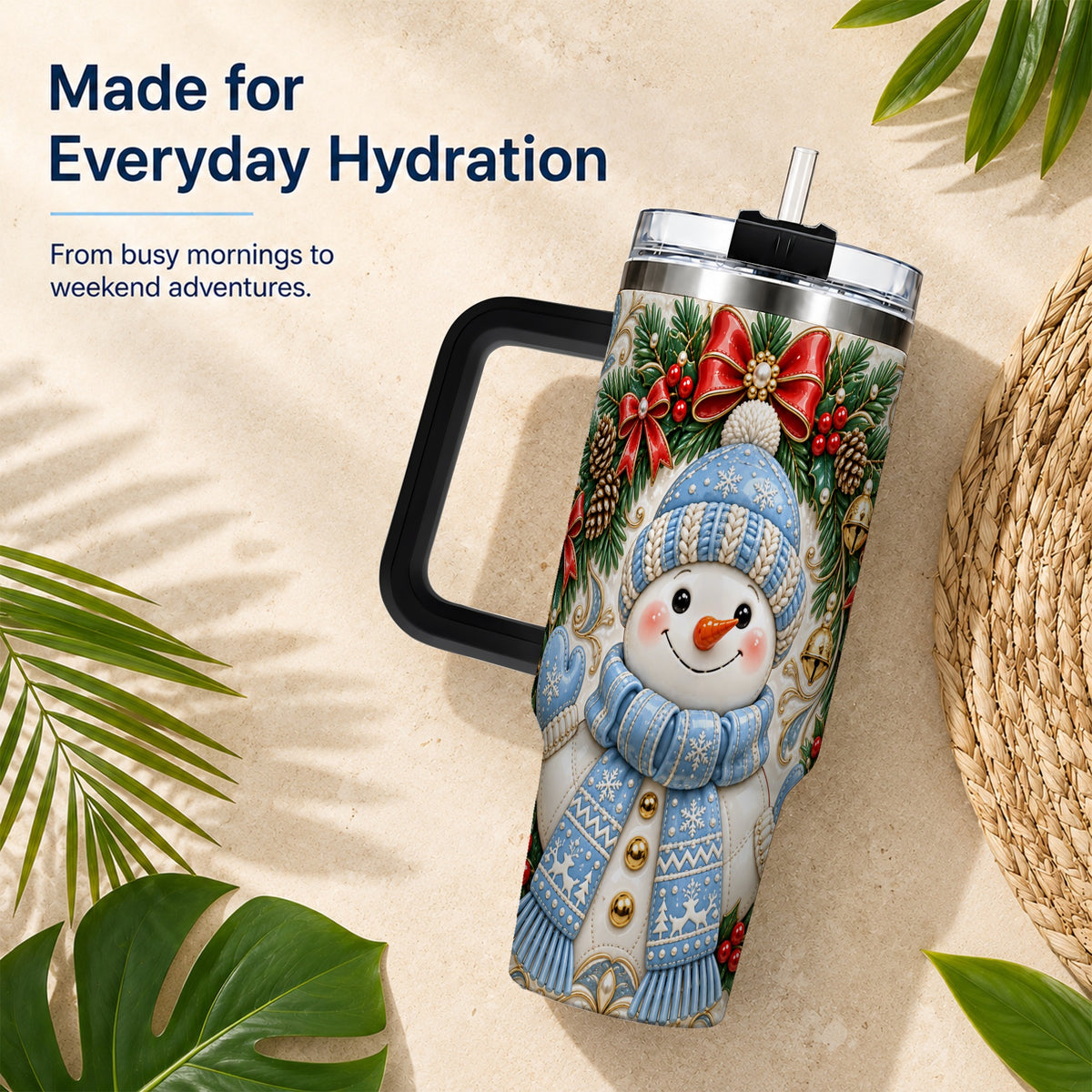 #pl[40oz|Black] Blue Knit Snowman 40oz Tumbler with Handle, Winter Steel Travel Cup