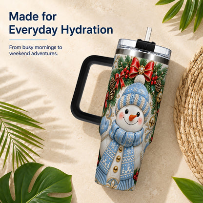 #pl[40oz|Black] Blue Knit Snowman 40oz Tumbler with Handle, Winter Steel Travel Cup