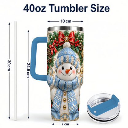 #pl[40oz|Blue] Blue Knit Snowman 40oz Tumbler with Handle, Winter Steel Travel Cup