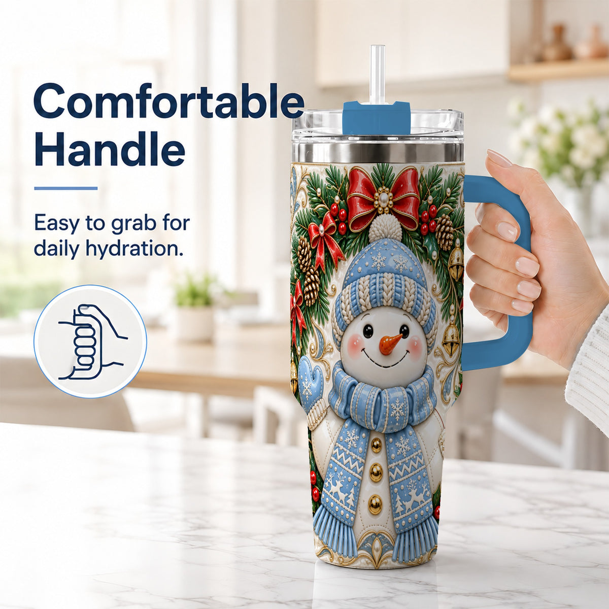 #pl[40oz|Blue] Blue Knit Snowman 40oz Tumbler with Handle, Winter Steel Travel Cup