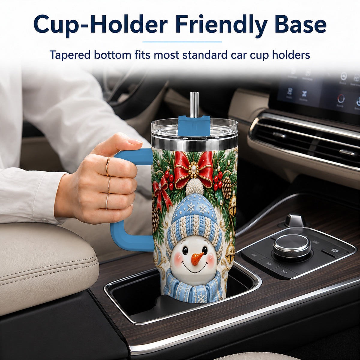 #pl[40oz|Blue] Blue Knit Snowman 40oz Tumbler with Handle, Winter Steel Travel Cup
