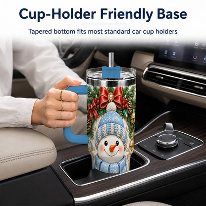#pl[40oz|Blue] Blue Knit Snowman 40oz Tumbler with Handle, Winter Steel Travel Cup