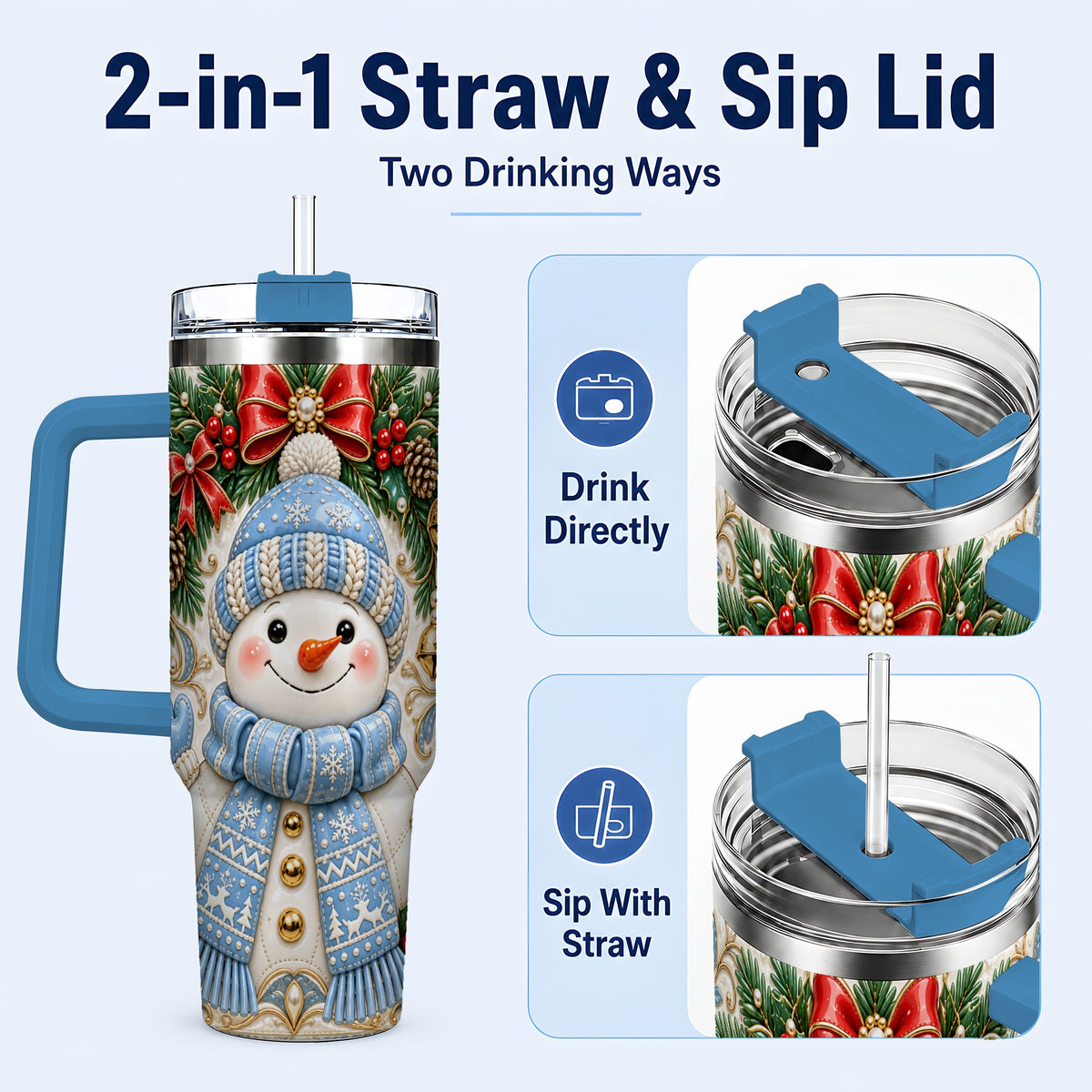 #pl[40oz|Blue] Blue Knit Snowman 40oz Tumbler with Handle, Winter Steel Travel Cup