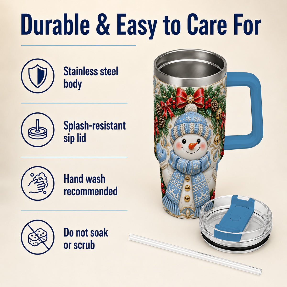 #pl[40oz|Blue] Blue Knit Snowman 40oz Tumbler with Handle, Winter Steel Travel Cup