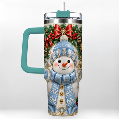 #pl[40oz|Green] Blue Knit Snowman 40oz Tumbler with Handle, Winter Steel Travel Cup