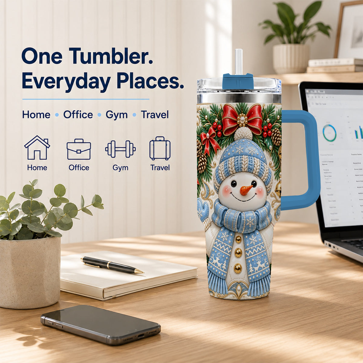 #pl[40oz|Blue] Blue Knit Snowman 40oz Tumbler with Handle, Winter Steel Travel Cup