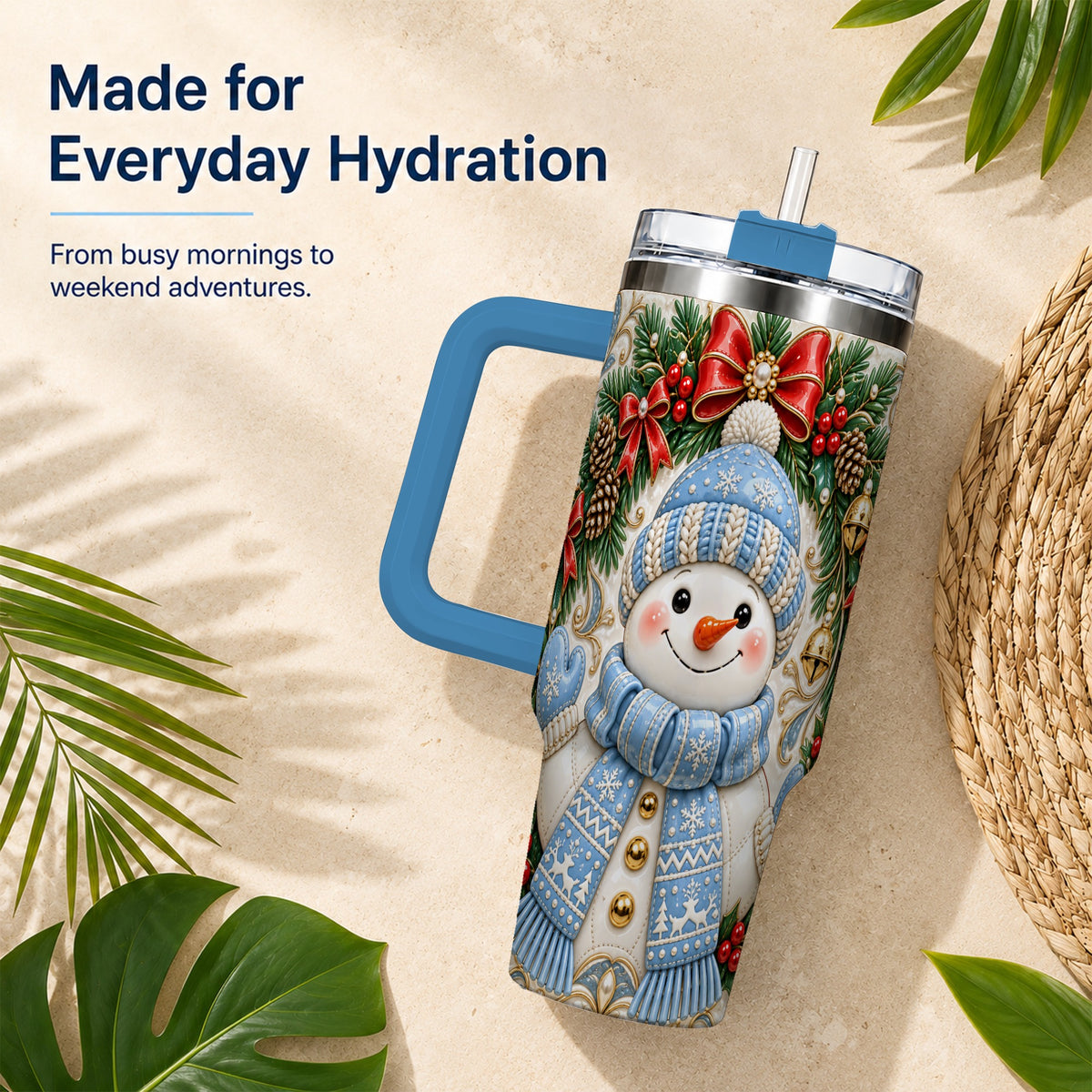 #pl[40oz|Blue] Blue Knit Snowman 40oz Tumbler with Handle, Winter Steel Travel Cup