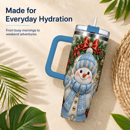#pl[40oz|Blue] Blue Knit Snowman 40oz Tumbler with Handle, Winter Steel Travel Cup