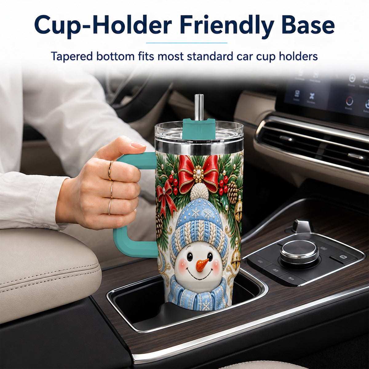 #pl[40oz|Green] Blue Knit Snowman 40oz Tumbler with Handle, Winter Steel Travel Cup