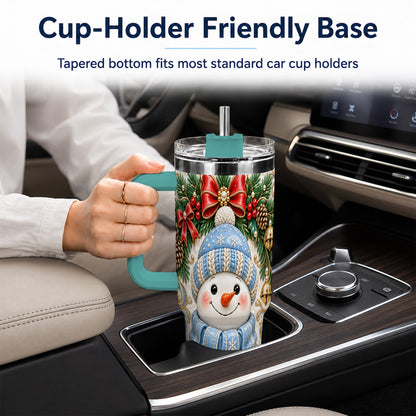 #pl[40oz|Green] Blue Knit Snowman 40oz Tumbler with Handle, Winter Steel Travel Cup