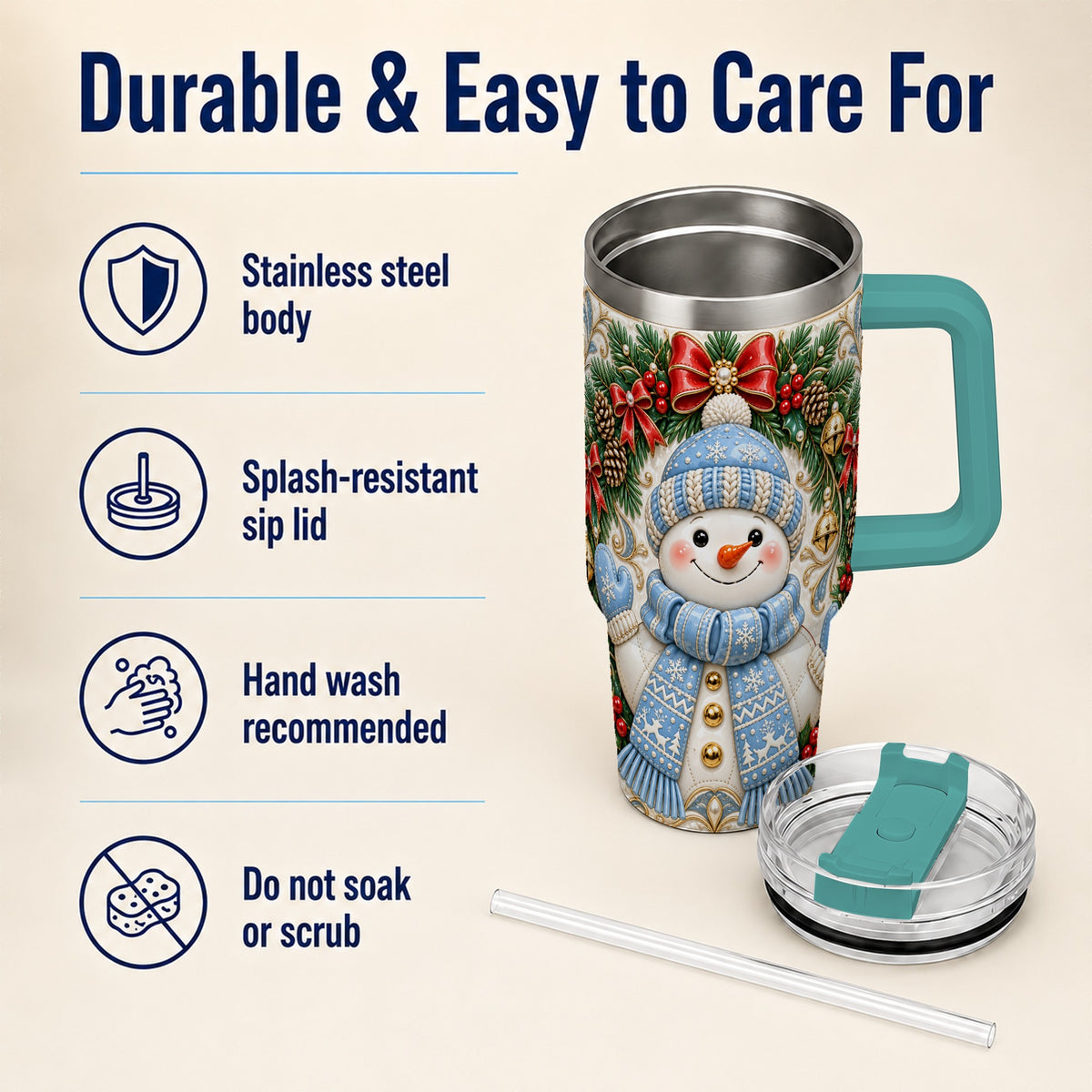 #pl[40oz|Green] Blue Knit Snowman 40oz Tumbler with Handle, Winter Steel Travel Cup