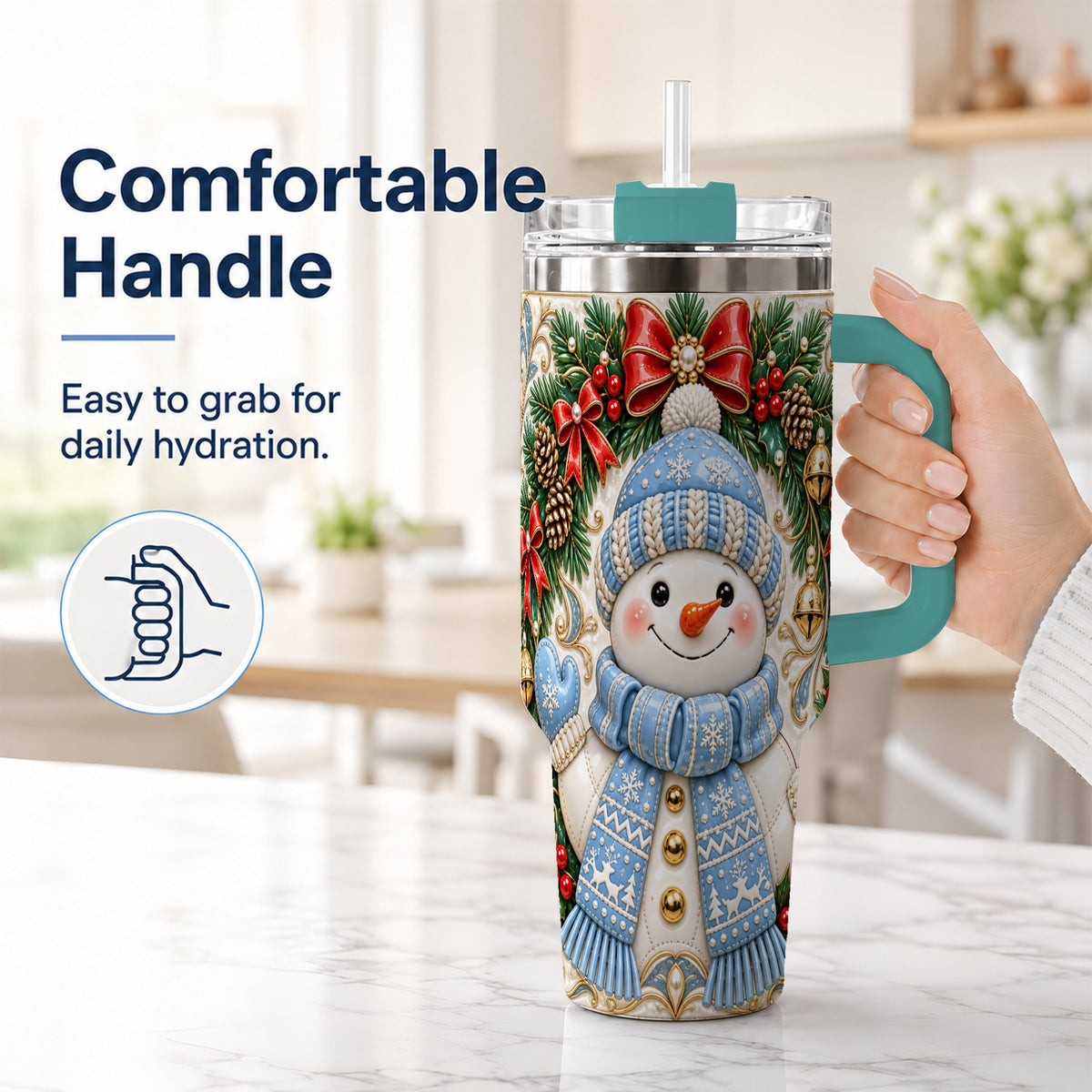 #pl[40oz|Green] Blue Knit Snowman 40oz Tumbler with Handle, Winter Steel Travel Cup