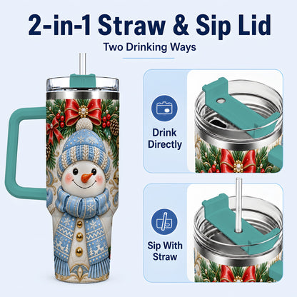 #pl[40oz|Green] Blue Knit Snowman 40oz Tumbler with Handle, Winter Steel Travel Cup