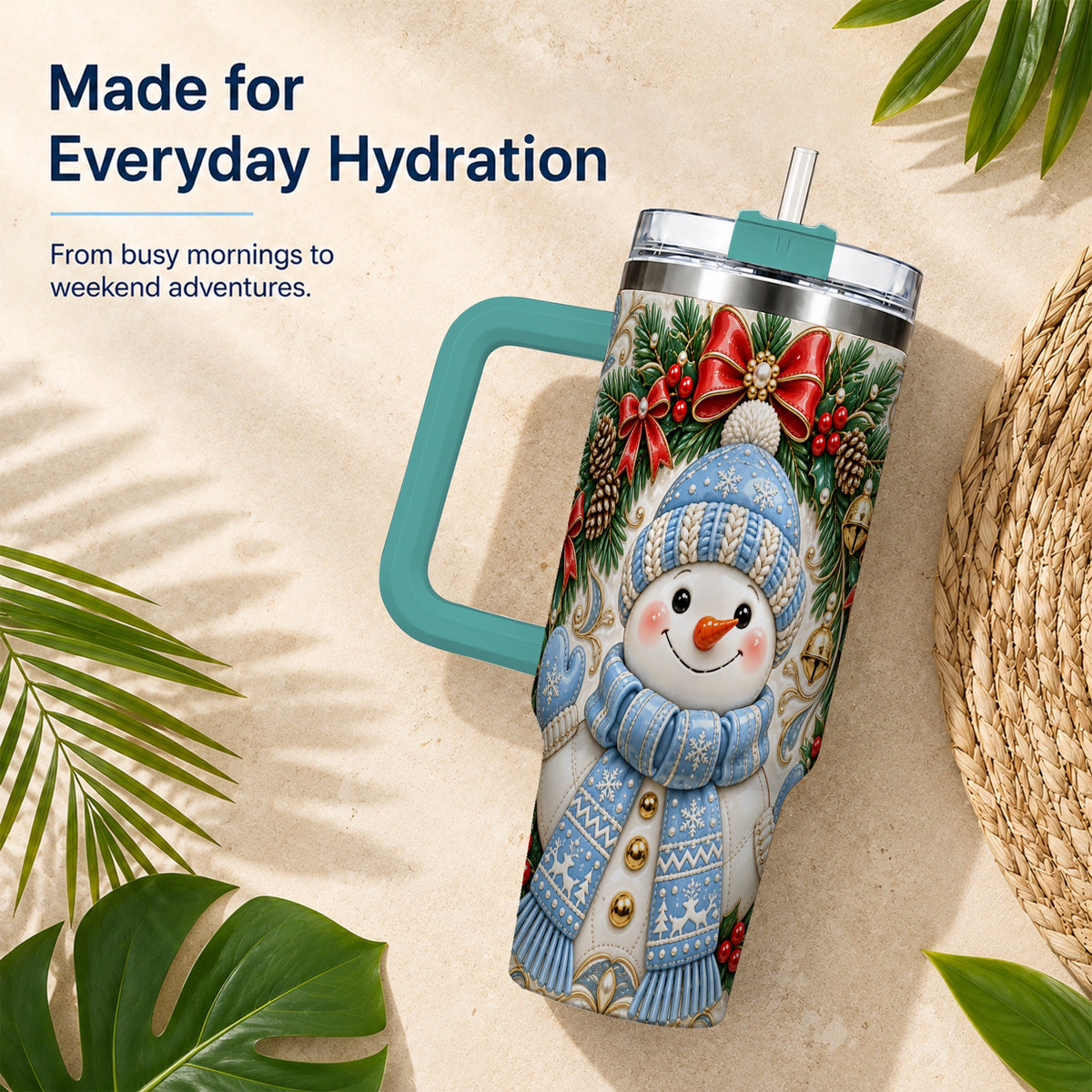 #pl[40oz|Green] Blue Knit Snowman 40oz Tumbler with Handle, Winter Steel Travel Cup