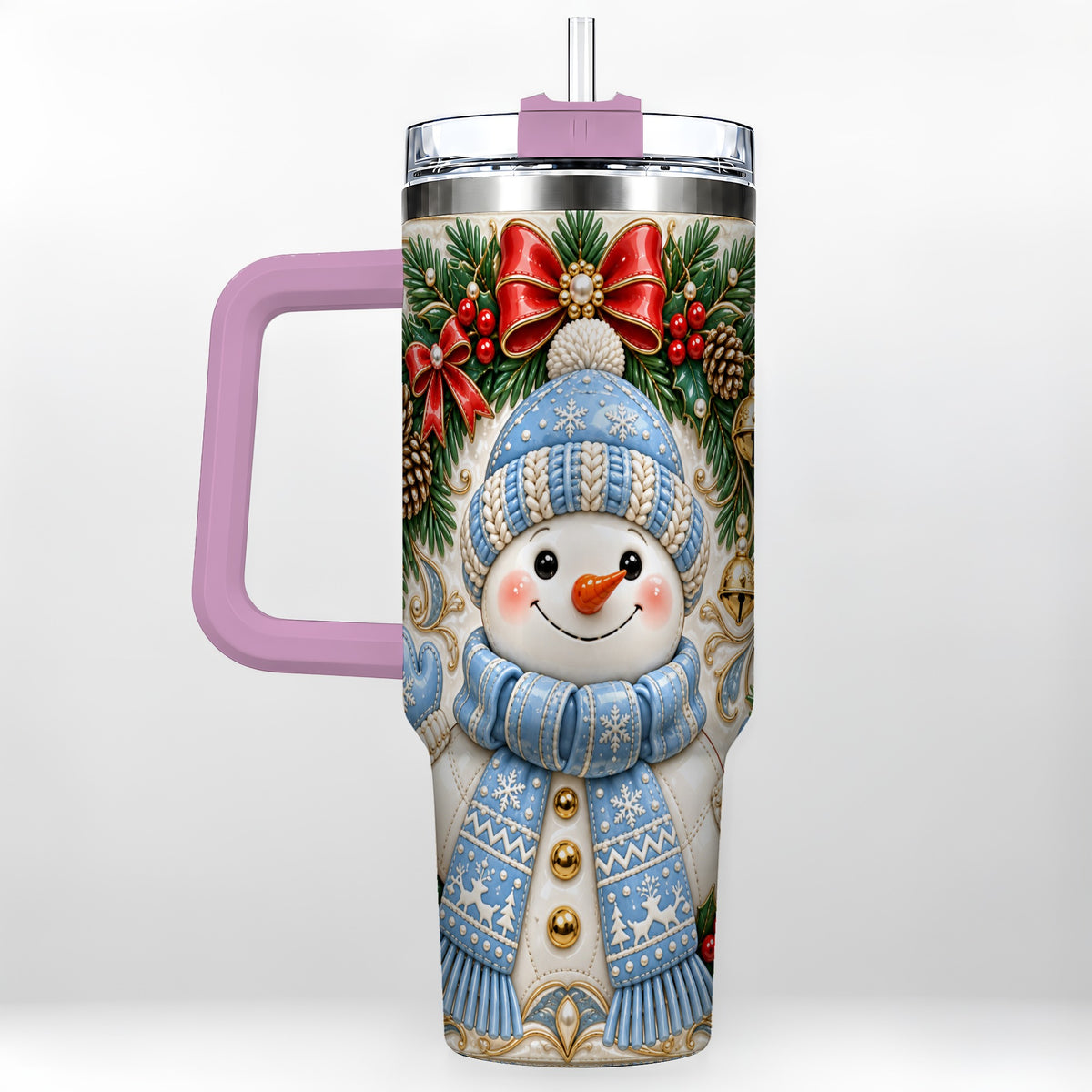 #pl[40oz|Pink] Blue Knit Snowman 40oz Tumbler with Handle, Winter Steel Travel Cup