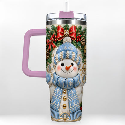 #pl[40oz|Pink] Blue Knit Snowman 40oz Tumbler with Handle, Winter Steel Travel Cup