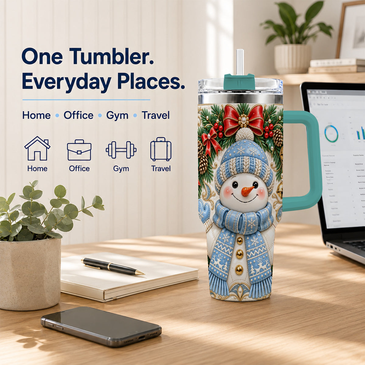 #pl[40oz|Green] Blue Knit Snowman 40oz Tumbler with Handle, Winter Steel Travel Cup