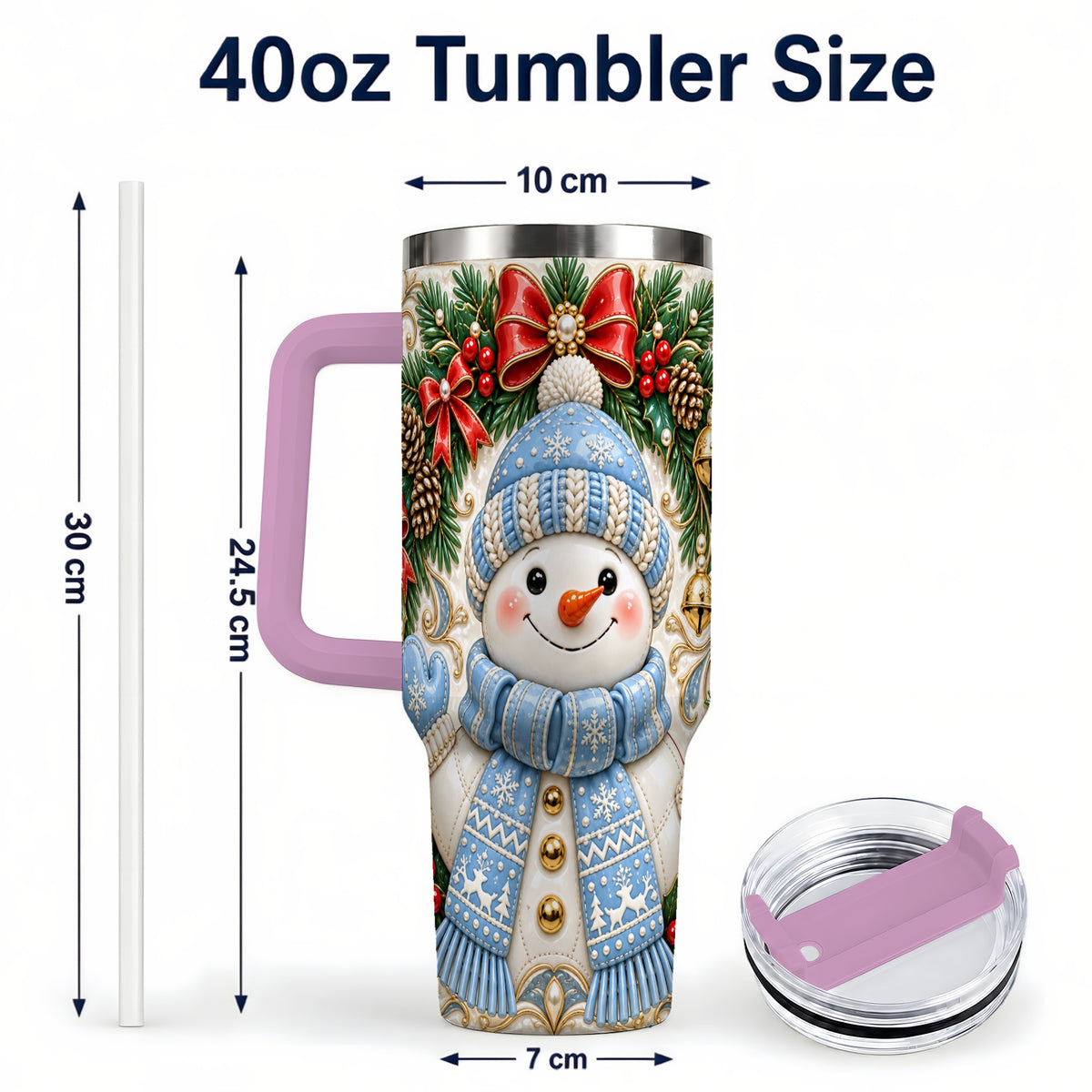 #pl[40oz|Pink] Blue Knit Snowman 40oz Tumbler with Handle, Winter Steel Travel Cup