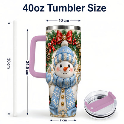 #pl[40oz|Pink] Blue Knit Snowman 40oz Tumbler with Handle, Winter Steel Travel Cup
