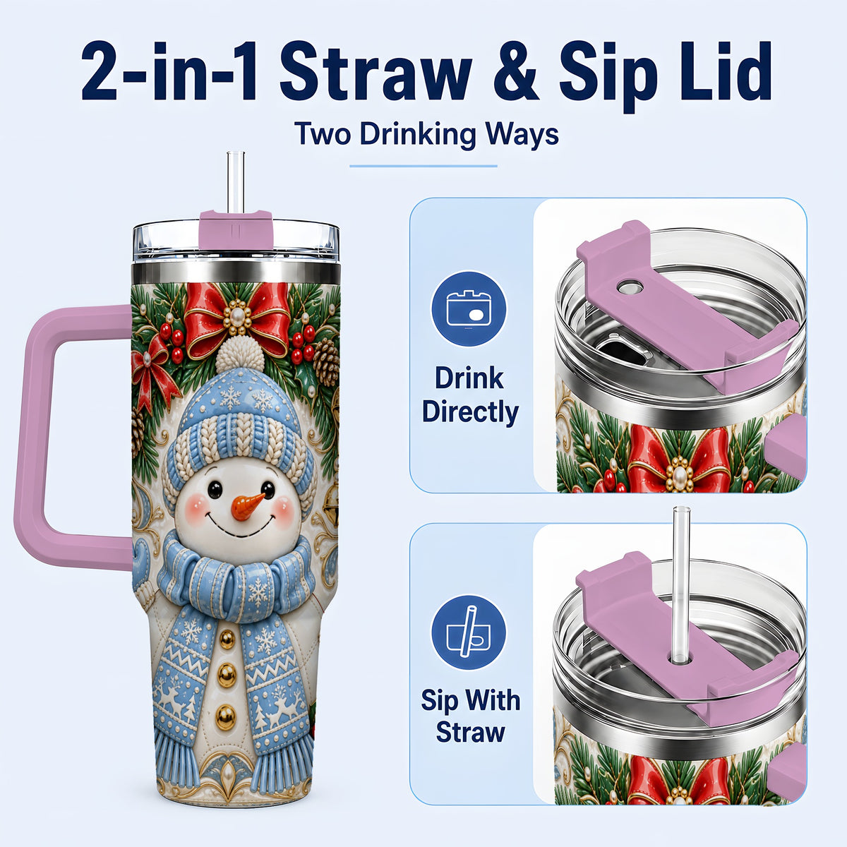 #pl[40oz|Pink] Blue Knit Snowman 40oz Tumbler with Handle, Winter Steel Travel Cup