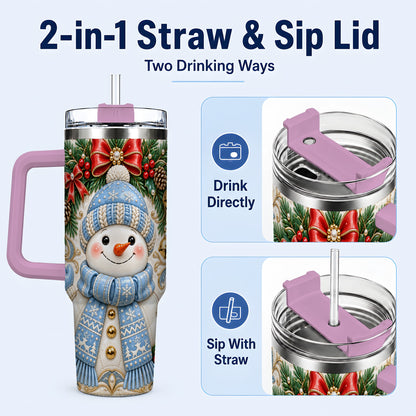#pl[40oz|Pink] Blue Knit Snowman 40oz Tumbler with Handle, Winter Steel Travel Cup
