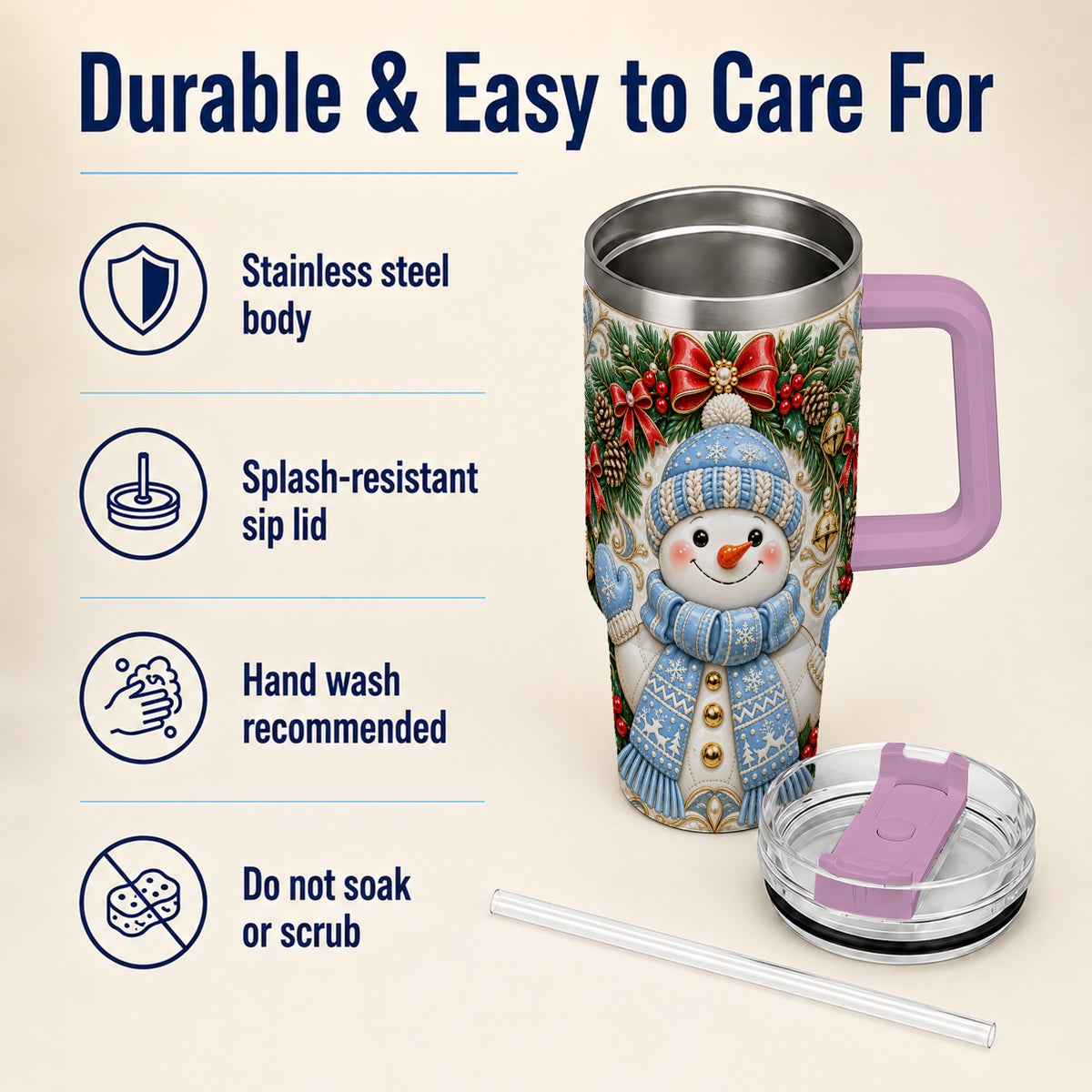 #pl[40oz|Pink] Blue Knit Snowman 40oz Tumbler with Handle, Winter Steel Travel Cup