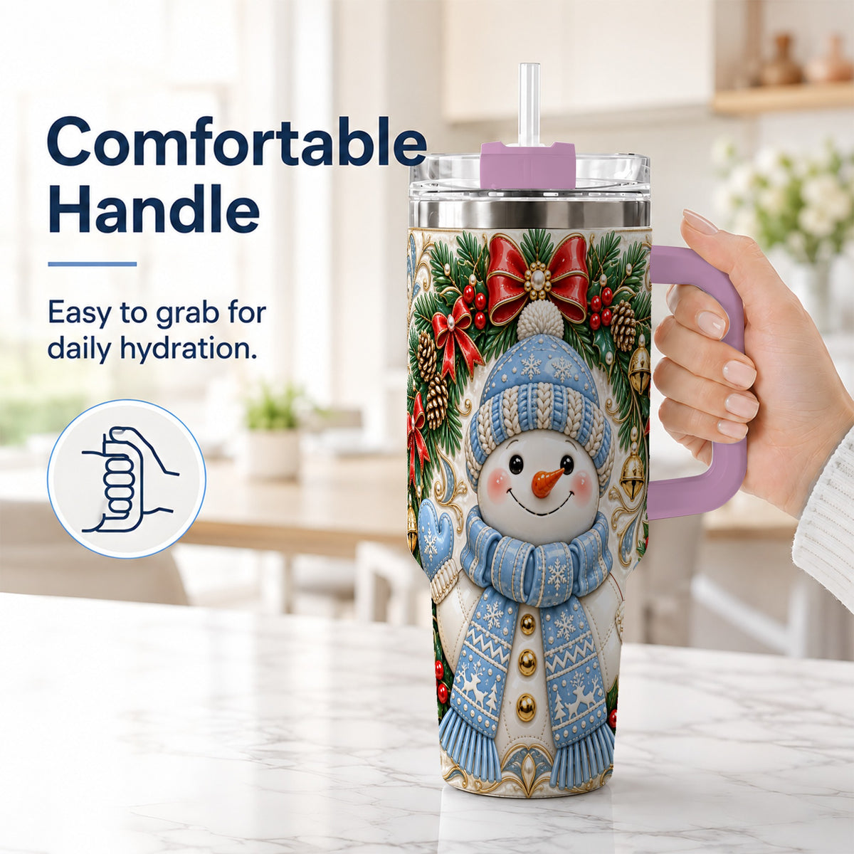 #pl[40oz|Pink] Blue Knit Snowman 40oz Tumbler with Handle, Winter Steel Travel Cup