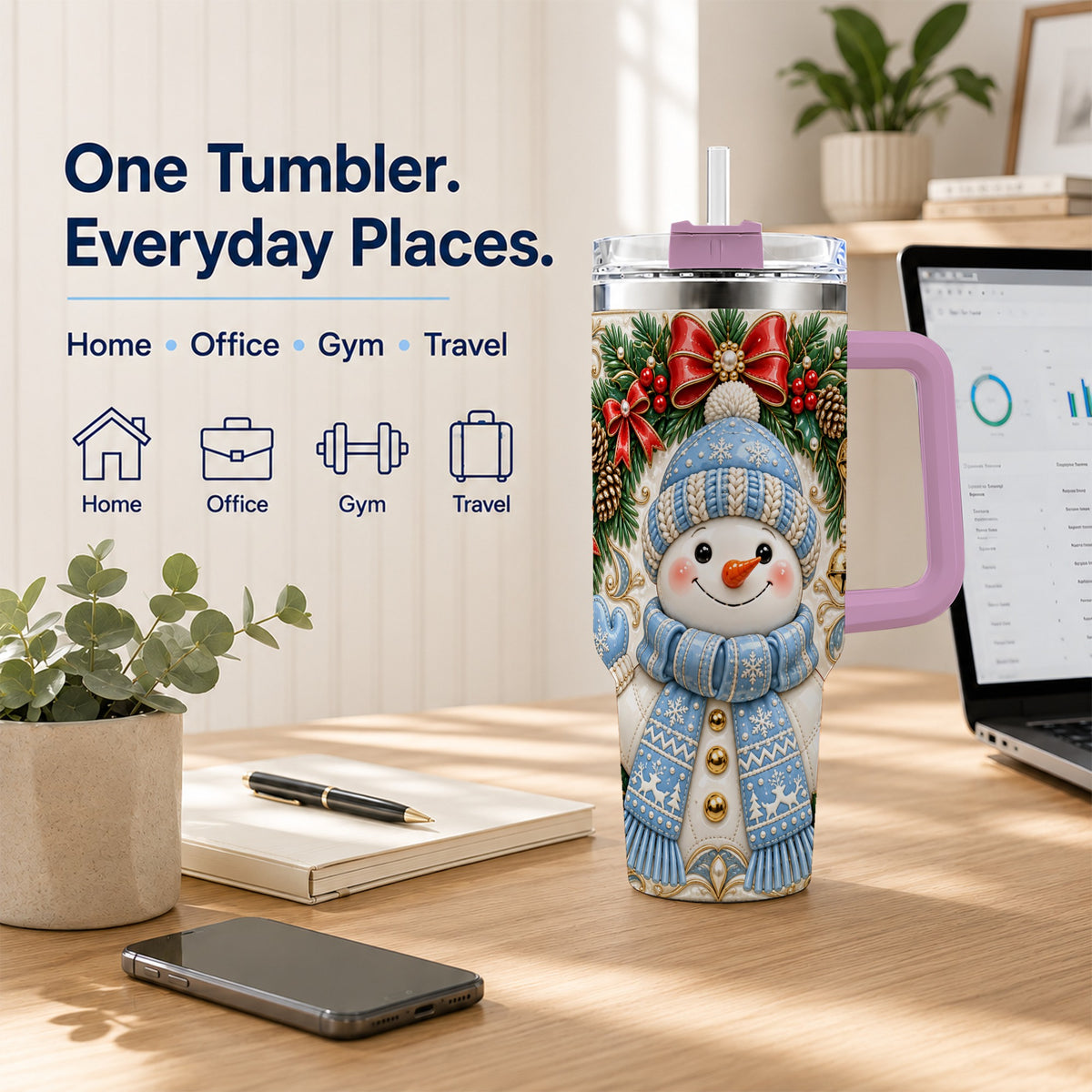 #pl[40oz|Pink] Blue Knit Snowman 40oz Tumbler with Handle, Winter Steel Travel Cup