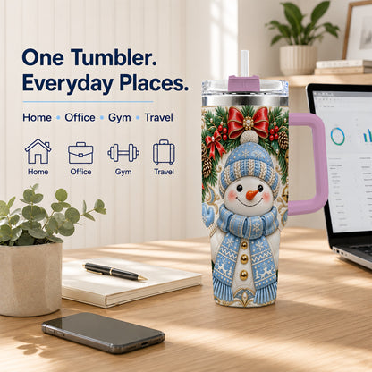 #pl[40oz|Pink] Blue Knit Snowman 40oz Tumbler with Handle, Winter Steel Travel Cup