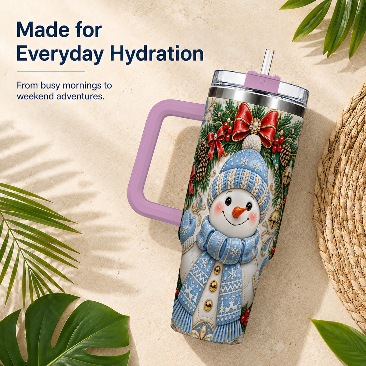 #pl[40oz|Pink] Blue Knit Snowman 40oz Tumbler with Handle, Winter Steel Travel Cup