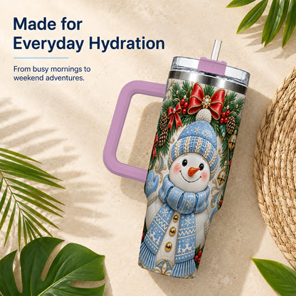 #pl[40oz|Pink] Blue Knit Snowman 40oz Tumbler with Handle, Winter Steel Travel Cup