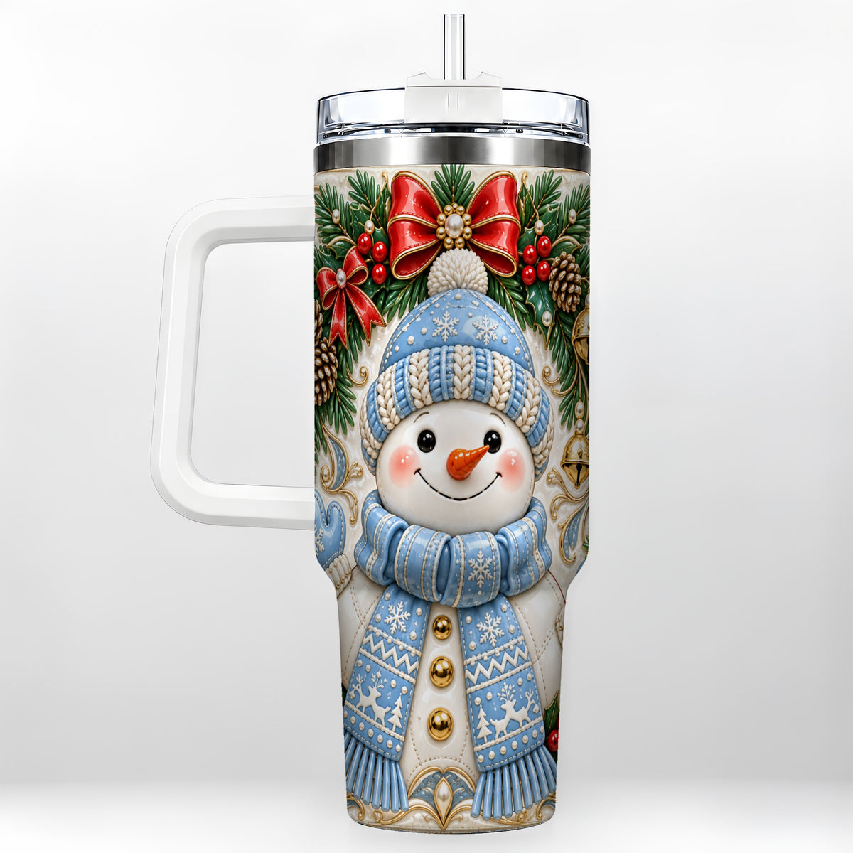 Blue Knit Snowman 40oz Tumbler with Handle, Winter Steel Travel Cup