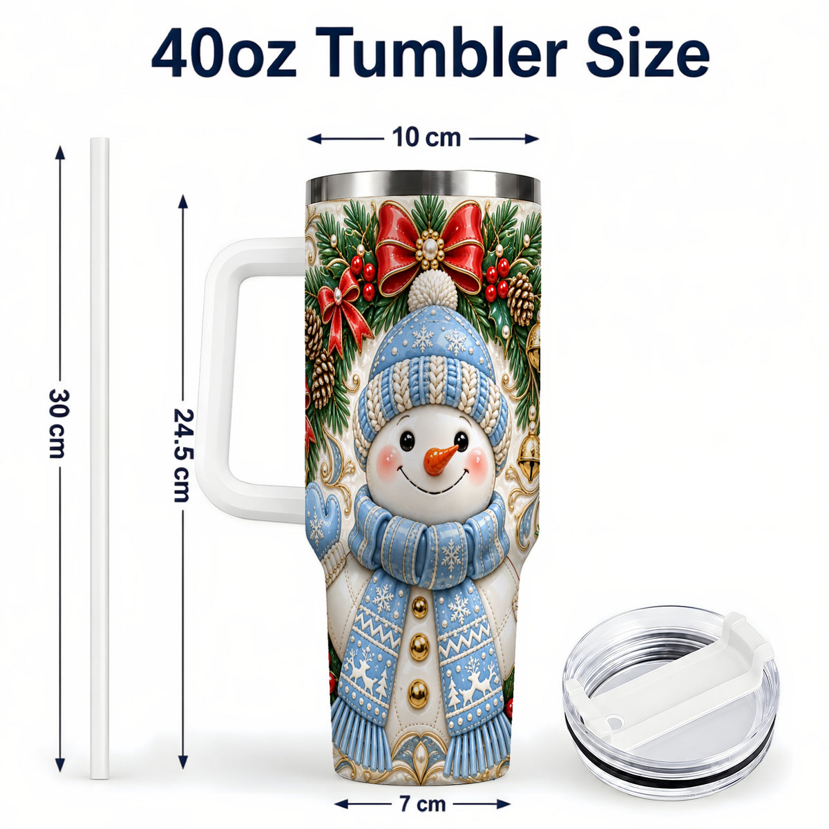 #pl[40oz|White] Blue Knit Snowman 40oz Tumbler with Handle, Winter Steel Travel Cup