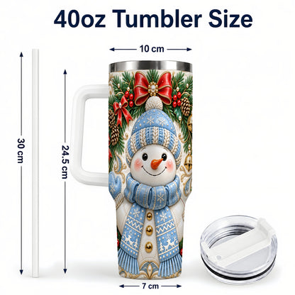 #pl[40oz|White] Blue Knit Snowman 40oz Tumbler with Handle, Winter Steel Travel Cup