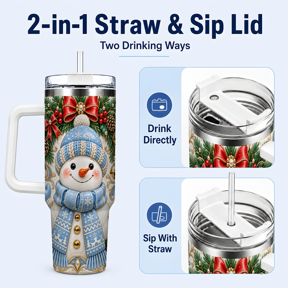 #pl[40oz|White] Blue Knit Snowman 40oz Tumbler with Handle, Winter Steel Travel Cup