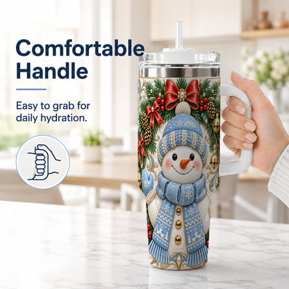 #pl[40oz|White] Blue Knit Snowman 40oz Tumbler with Handle, Winter Steel Travel Cup