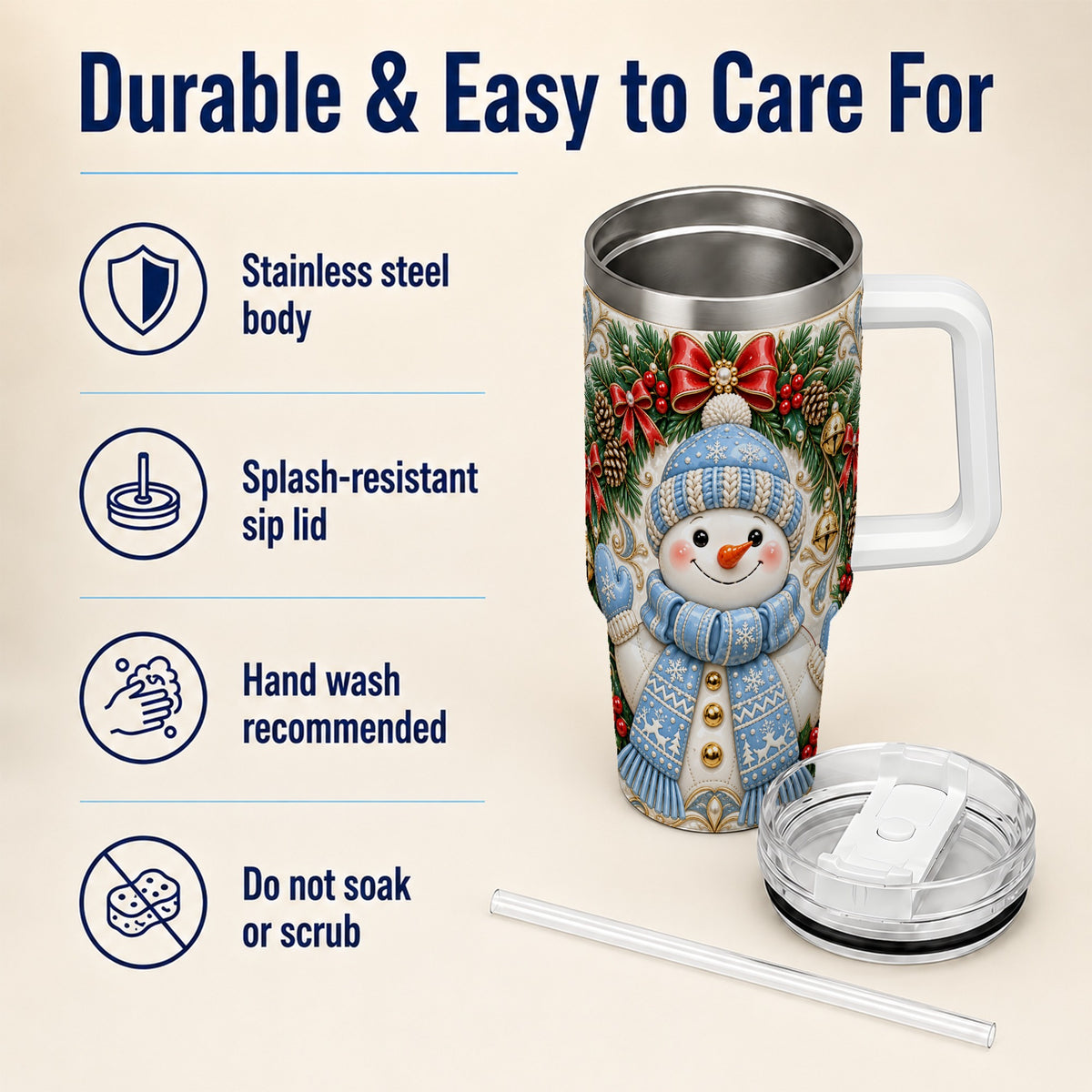 #pl[40oz|White] Blue Knit Snowman 40oz Tumbler with Handle, Winter Steel Travel Cup