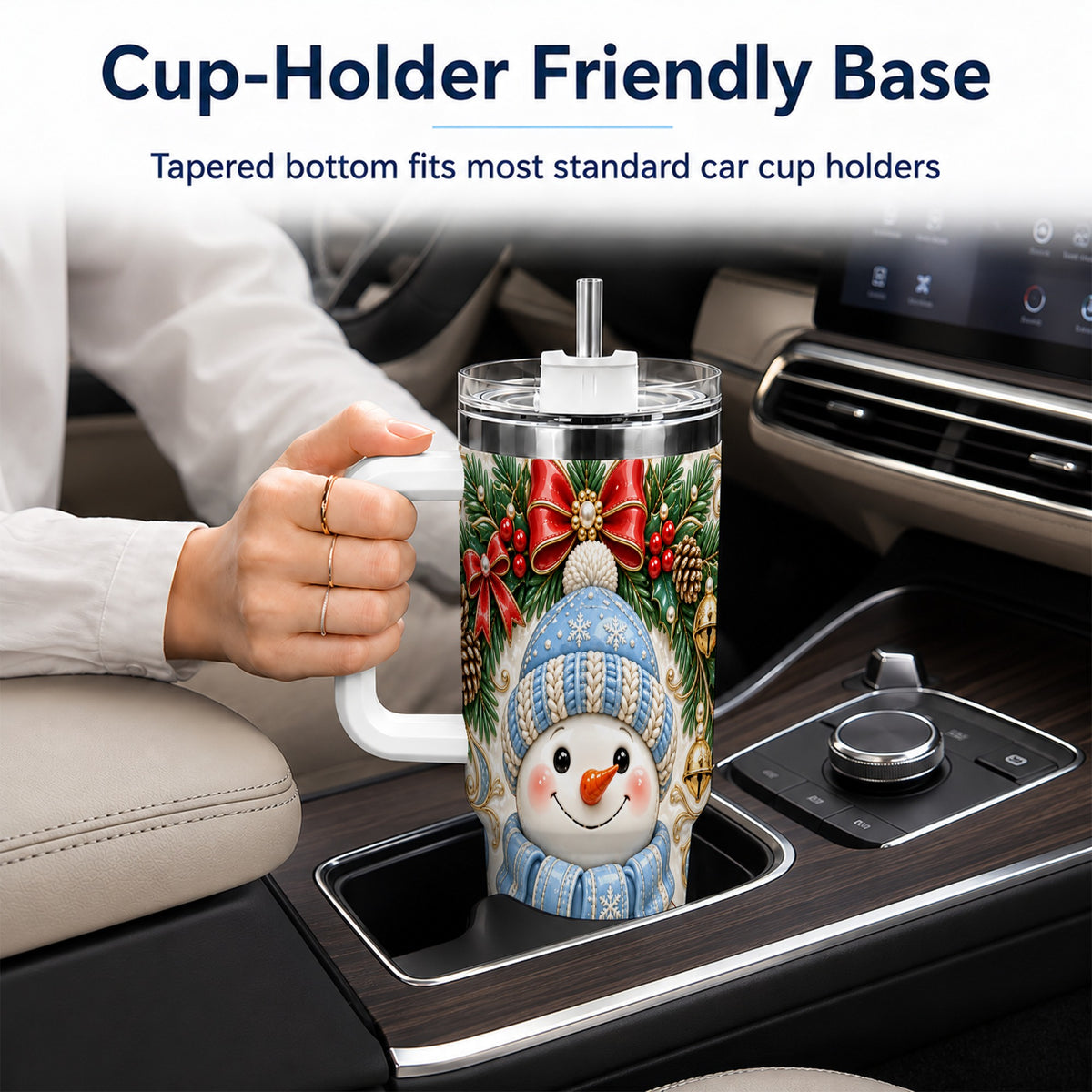 #pl[40oz|White] Blue Knit Snowman 40oz Tumbler with Handle, Winter Steel Travel Cup